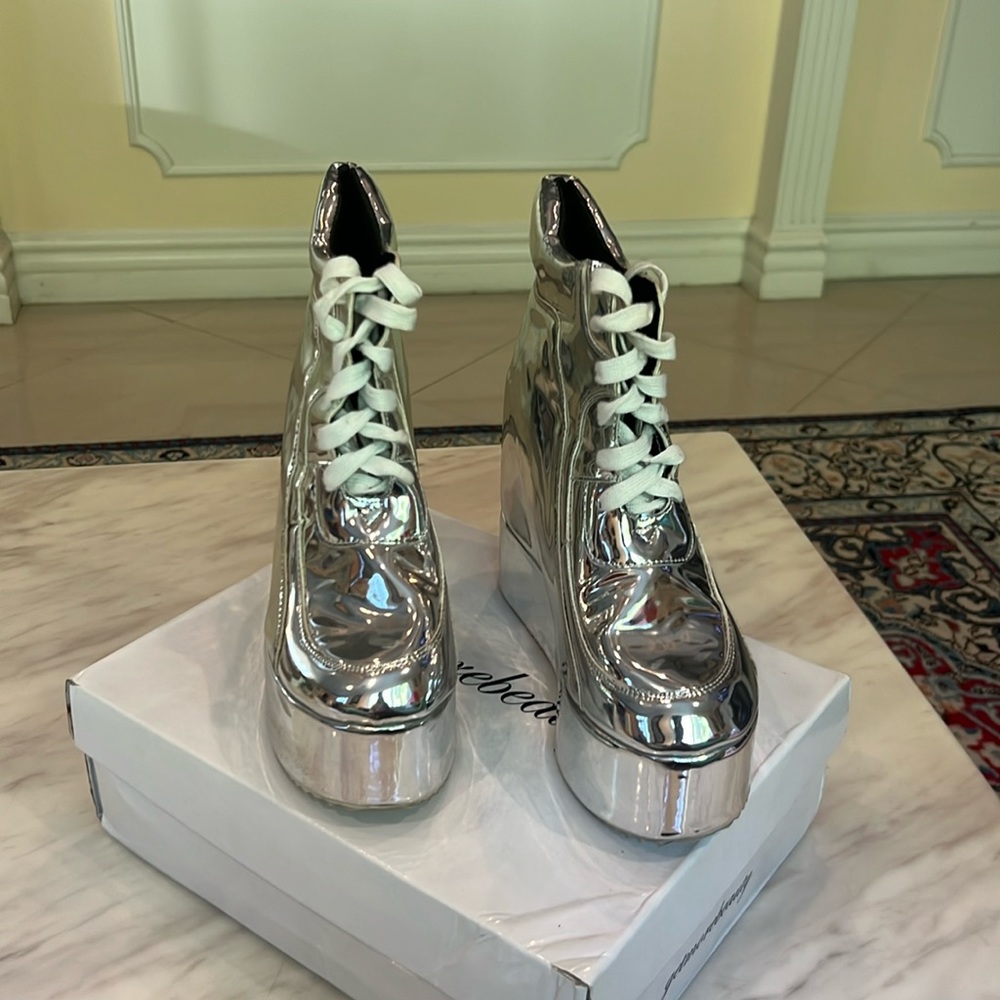 Silver Metallic Platform Sneaker Wedges – Size 8 | Festival, Costume, Party, Cos